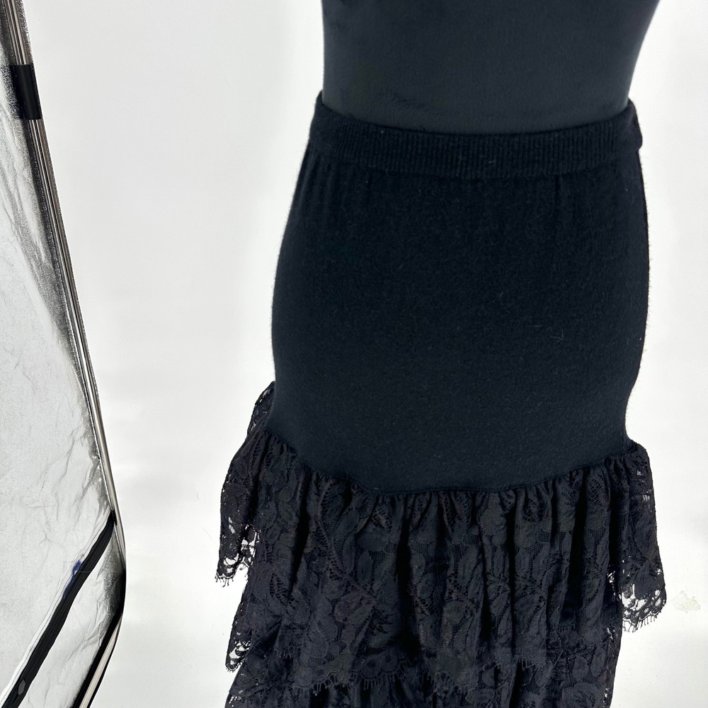 Adrienne Vittadini Black Tiered Ruffle Lace Maxi Skirt Knit Wool Whimsygoth M - Picture 7 of 7